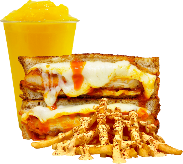 Planet Grilled Cheese Menu With Spicy Buffalo, Voodoo Fries And Frosted Mango Lemonade